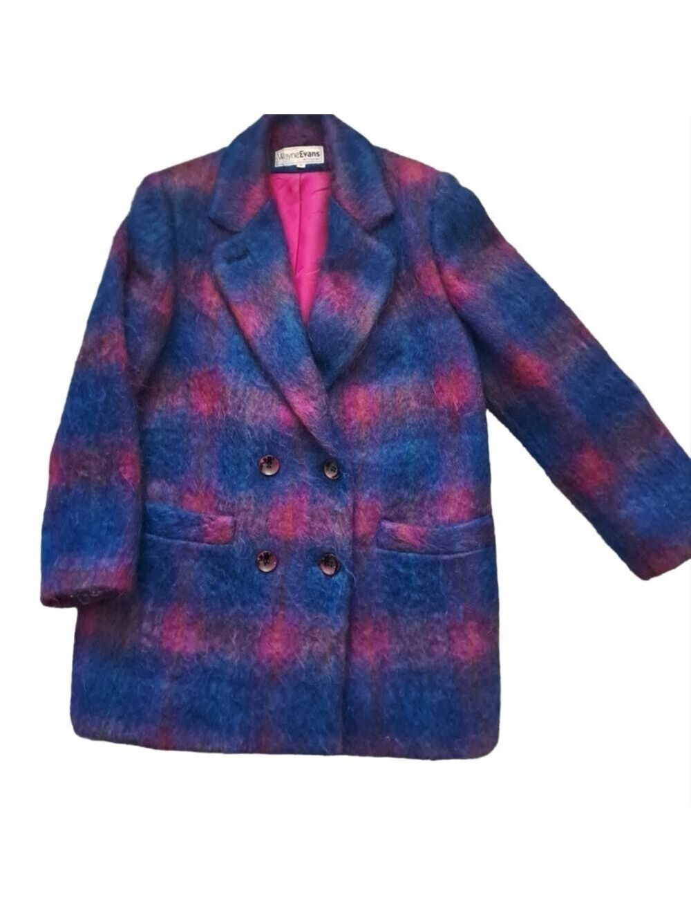 VTG Wayne Evans MOHAIR shag double breasted jacket lined plaid oversize 8 USA